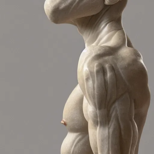 Image similar to a statue made of white marble with gold veins, of pepe the frog, transhumanism, full body shot, perfect symmetrical body, perfect symmetrical face, hyper realistic, hyper detailed, by johannen voss, by peter kemp, by monia merlo, by michelangelo, octane render, blender, 8 k