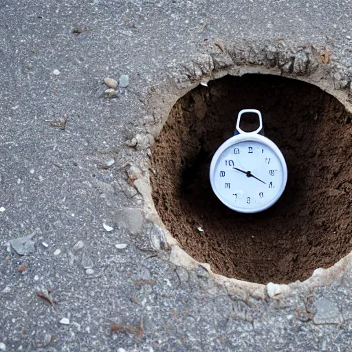 Prompt: a digital clock lying in a hole in the ground, photograph