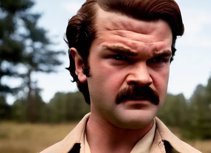 Image similar to film still of jim hopper as steve harrington in stranger things, 8 k