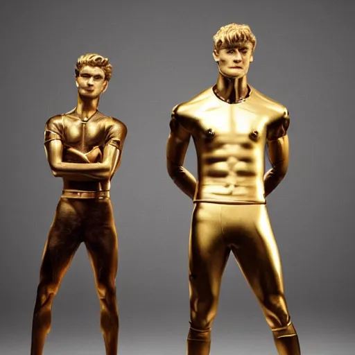 Prompt: a realistic detailed photo of a guy who is an attractive humanoid who is half robot and half humanoid, who is a male android, soccer players martin ødegaard & timo werner, shiny skin, posing like a statue, blank stare, in a living room, on display, showing off his muscles, gold soccer shorts, side view, repairing the other one