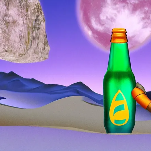 Image similar to sinbad stuck in a fanta bottle abandoned in desert with purple sky