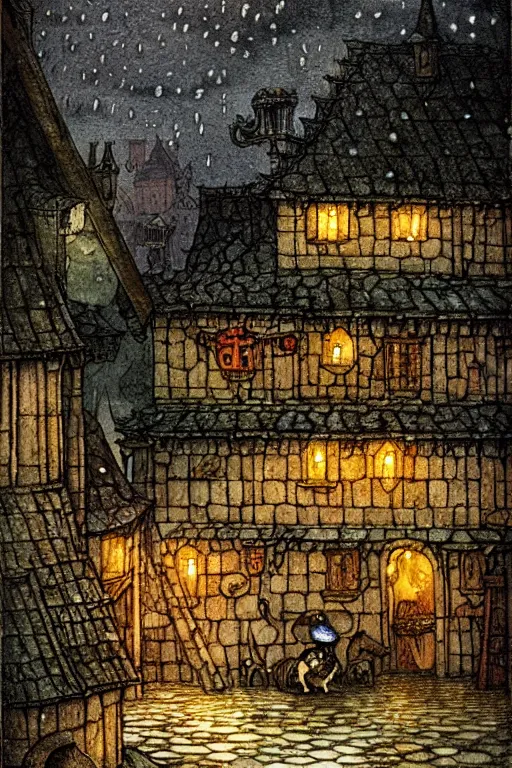 Image similar to medieval tavern exterior rainy night, shingled roof, dark alleyway, fantasy, intricate, elegant, highly detailed, digital painting, artstation, concept art, matte, sharp focus, illustration, art by kay nielsen and walter crane, illustration style, watercolor