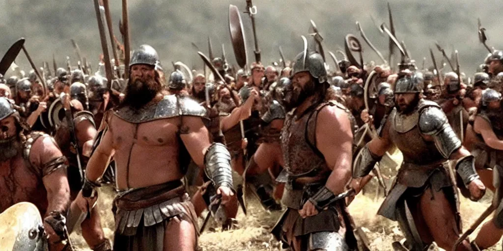 Prompt: Danny Devito as Leonidas, with Leonidas beard, leading Spartans into battle at Battle of Thermopylae, in screenshot from the 300 movie