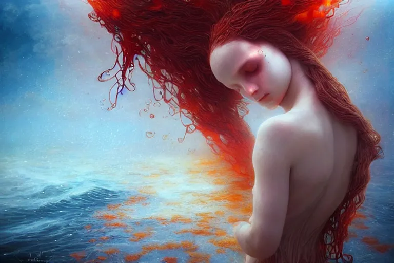 Image similar to ocean with fallen angel crying tears of blood in a canvas that catches fire, magical, concept art, art nouveau, inspired by Reylia Slaby, Peter Gric, Andrew Ferez, trending on artstation, volumetric lighting, intricate, ornate, CGsociety