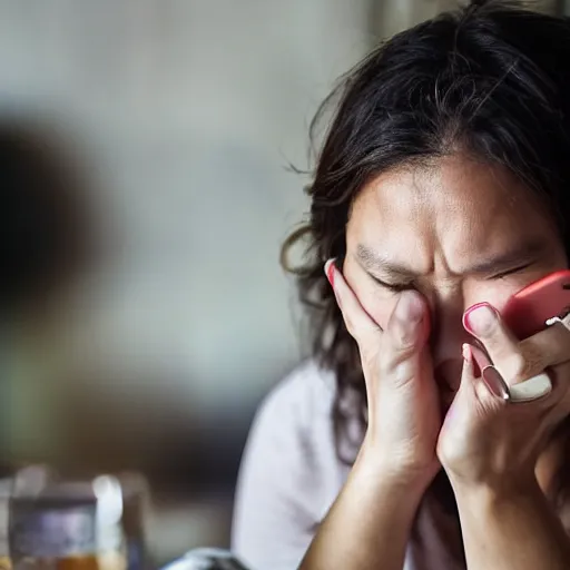 Prompt: A bored and tired woman watches her smartphone while sitting at the table. closeup photo by Zhamak Fullad