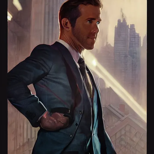 Image similar to ryan reynolds as spider - man, wearing a black and blue suit, cinematic, volumetric lighting, f 8 aperture, cinematic eastman 5 3 8 4 film, photorealistic by greg rutkowski, by stanley artgerm, by alphonse mucha