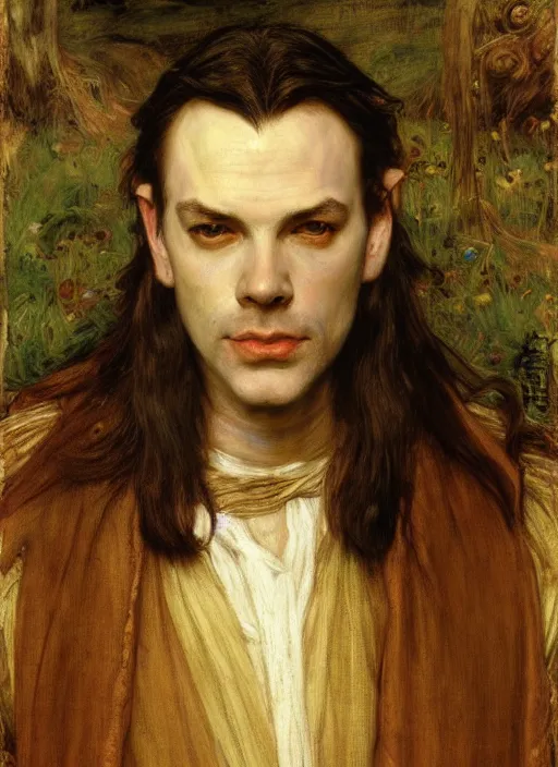 Image similar to a beautiful painting of elrond by John Everett Millais and Dante Gabriel Rossetti and John Collier and john william waterhouse, pre-raphaelite, detailed, trending on artstation, hd, masterpiece