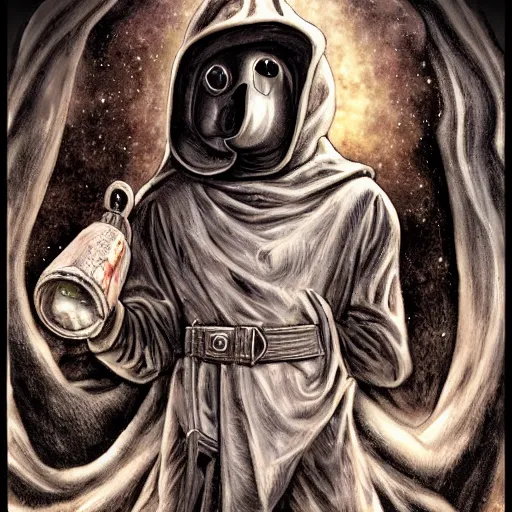 Image similar to a portrait of a plague doctor gunslinger in the abyss of deep space photorealistic, detailed photography, divinity, awful, cosmic horror, religious art