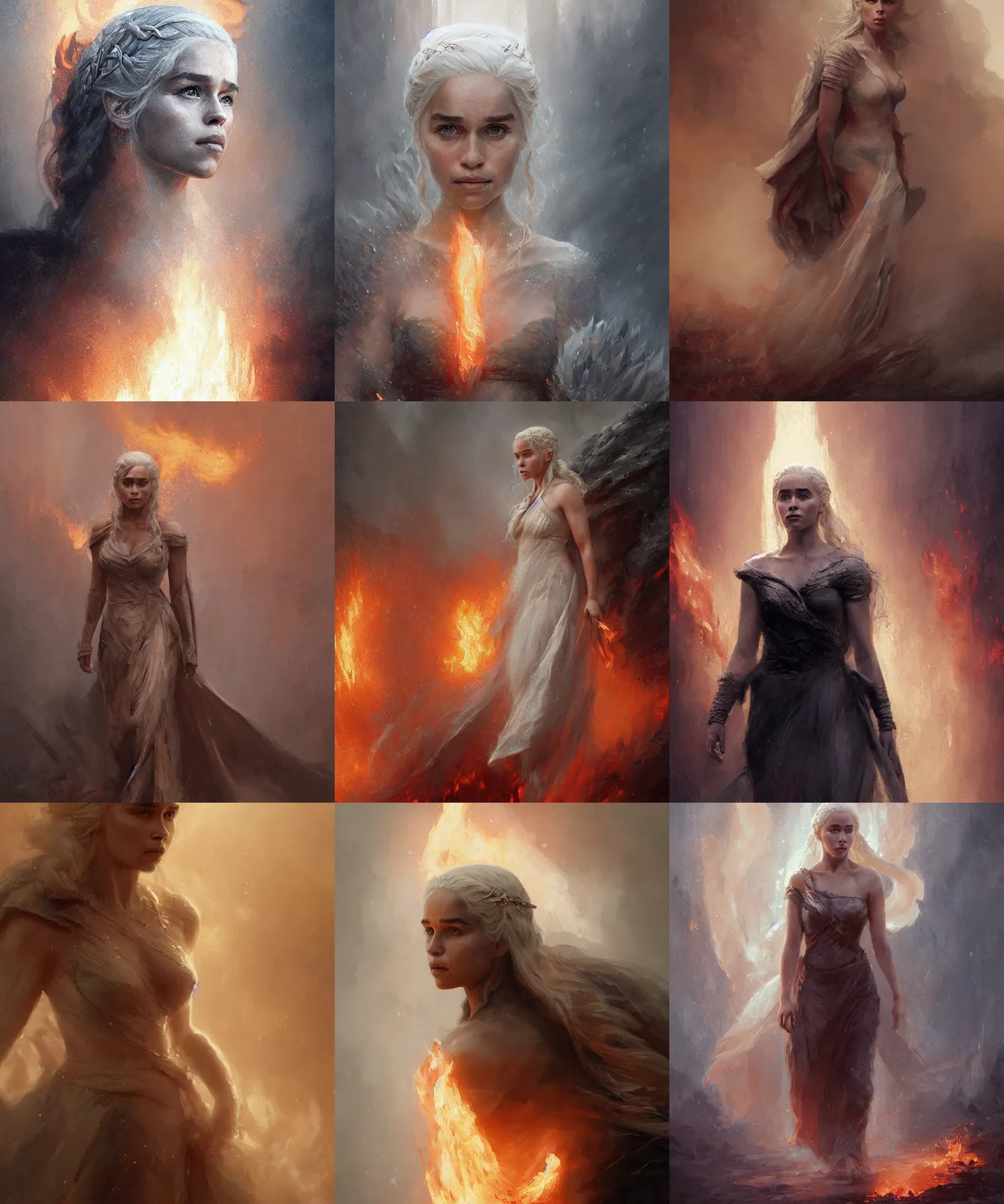 Prompt: digital art painting of daenerys targaryen walking through the fire, smoke and rain of ashes dnd portrait painted by craig mullins and gaston bussiere and greg rutkowski, symmetrical face, defined facial features, symmetrical facial features, dramatic lighting, close up