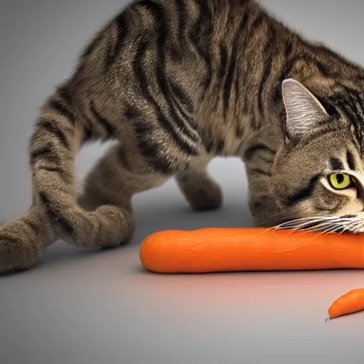 Prompt: big tabby cat with white paws biting a carrot 3d render