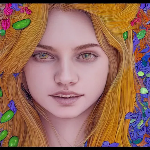 Prompt: a portrait of an incredibly beautiful, colorful, graceful, elegant, and sophisticated young blonde teen girl made of cucumbers, an ultrafine detailed illustration by james jean, intricate linework, bright colors, final fantasy, behance contest winner, vanitas, angular, altermodern, unreal engine 5 highly rendered, global illumination, radiant light, detailed and intricate environment