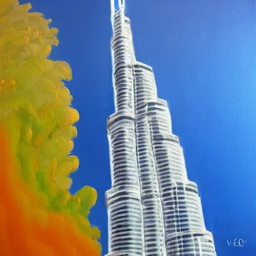 Image similar to The Burj Khalifa, Dubai, acrylic painting, high detail -1024