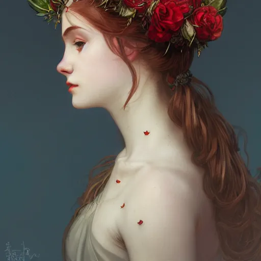 Prompt: portrait of beautiful vampire, flower crown, thorn everywhere, headshot, pale skin, 4k, rule of thirds, extreme detail, detailed drawing, trending artstation, hd, fantasy, D&D, realistic lighting, by Alphonse Mucha, Greg Rutkowski, sharp focus, backlit, bright red hair