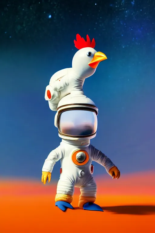 Image similar to a lonely chicken wearing a space suit without helmet in a alien planet, profile picture, digital art, concept art, trending on DeviantArt, highly detailed, high quality, 4K, cartoon, high coherence, path traced, blue sky in the background, octane render, digital painting, no helmet, masterpiece, anatomically correct, hyperrealistic