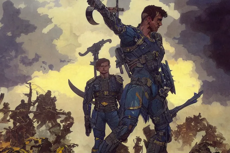 Image similar to A modern super soldier with a trident coat of armor and blue and yellow flag behind him is standing on a pile of skulls with Z character on foreheads, elegant, highly detailed, smooth, sharp focus, illustration, art by greg rutkowski and alphonse mucha