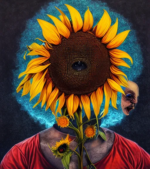 Prompt: portrait, nightmare anomalies, sunflower by dariusz zawadzki, kenneth blom, mental alchemy, james jean, pablo amaringo, naudline pierre, contemporary art, hyper detailed