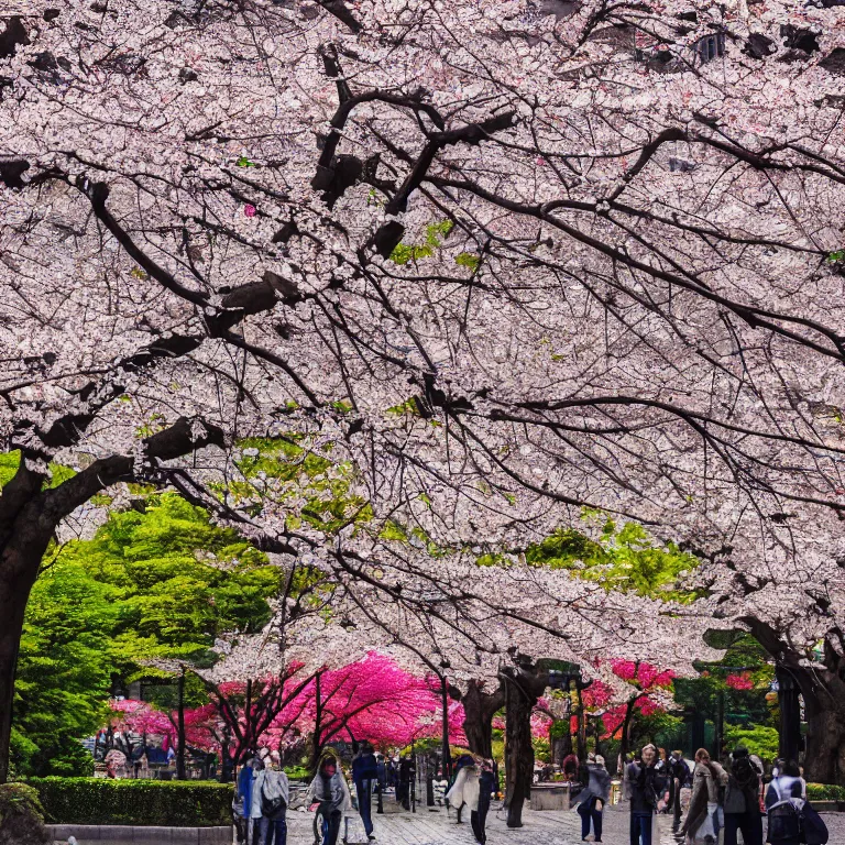 Prompt: photo of japanese sakura garden in the center of moscow, sony a 7 r