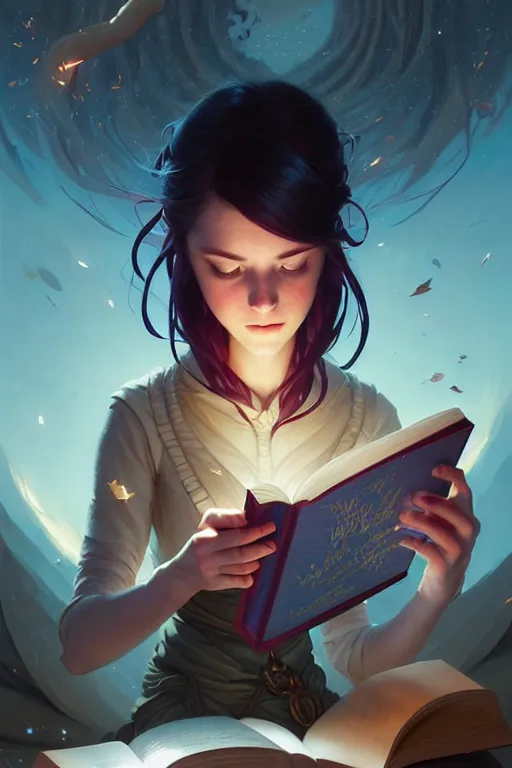 Image similar to highly detailed portrait of beautiful girl reading a book in avatar, dynamic pose, stephen bliss, unreal engine, fantasy art by greg rutkowski, loish, rhads, ferdinand knab, makoto shinkai and lois van baarle, ilya kuvshinov, rossdraws, tom bagshaw, global illumination, radiant light, detailed and intricate environment