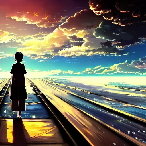 Image similar to a beautiful ultradetailed anime illustration，up to bottom is clouds，sea，railway，by makoto shinkai，anime wallpaper 4k，prismatic