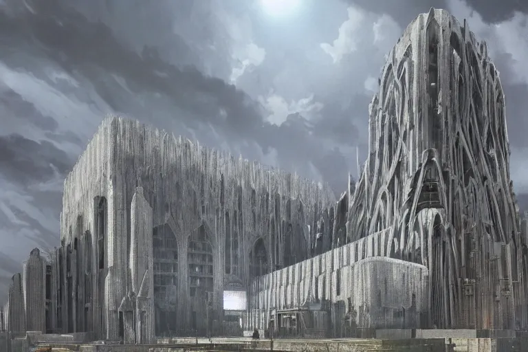 Prompt: an enormous, extremely detailed cathedral of brutalist architecture, covered with greebles, stunning volumetric light, sunset, metal, concrete and translucent material, stunning skies, majestic landscape, trending on Artstation, 8k, photorealistic, hyper detailed, unreal engine 5, IMAX quality, cinematic, epic lighting, in the style of Greg Rutkowski