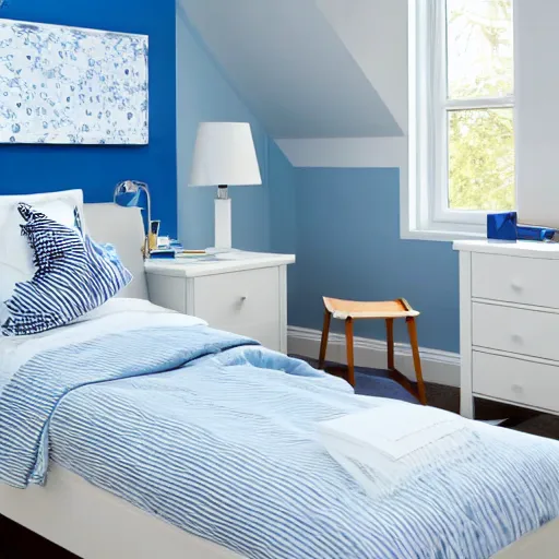 Prompt: award-winning blue and white modern boy's room catalog photo. single bed. A single window illuminates the bed and the desk.