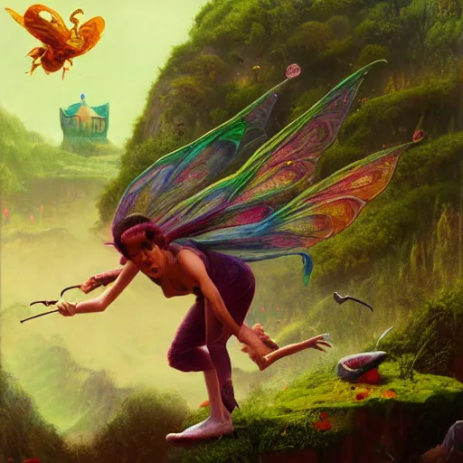 Prompt: portrait of a horrifying colorful hyper realistic godlike fairy slaughtering a live a frog , detailed mushroom village in the background , low angle, Greg rutkowski legendary matte painting, post-processing, fantasy , masterpiece , art style of junji ito, painting , vibrant colors