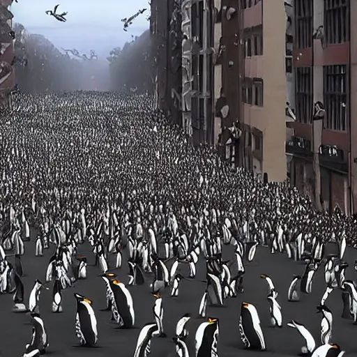 Prompt: Infinite amount of highly detailed Penguins invading the streets of Berlin, 4k, highly detailed, real life, dramatic, people running away in terror