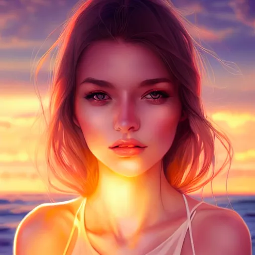 Prompt: symmetry!!!!!!! portrait of beautiful woman on the beach, hazel eyes, sunset, highly detailed, volumetric lighting, sharp focus, bokeh, trending on art station, digital painting by wlop, rossdraws, artgerm.