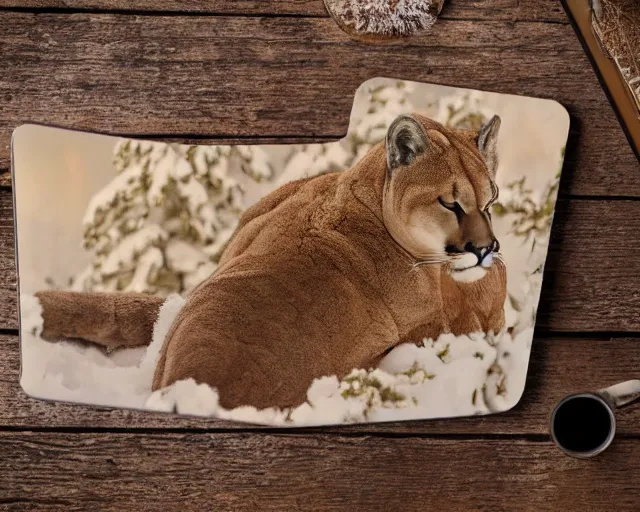 Image similar to stamp book showing 'a cougar sleeping in the middle of snowy pine tree' laying on coffee table, zoomed out shot, HD, iphone capture