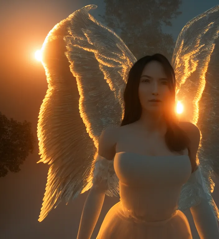 Prompt: centered waist up portrait of an angel + glowing outlines, bokeh + DOF + 8k, photorealistic + rendered in unreal engine + ultra realistic + backlit + strong rimlight, sunset + HDRI, HD, Photoreal