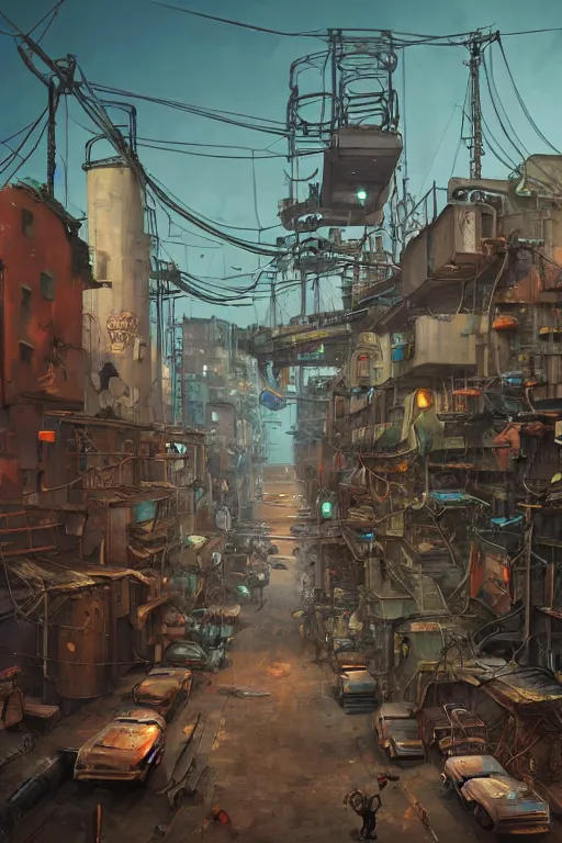 Image similar to a industrial STEAMPUNK CITY Street scenery in the FAVELAS, signs, billboards and cable Connecting MULTI LVL BUILDINGS, rendered by simon stålenhag, rendered by Beeple, Makoto Shinkai, syd meade, environment concept, digital art, starwars, raphael lacoste, eddie mendoza, alex ross, concept art, cinematic lighting, , unreal engine, 3 point perspective, WLOP, trending on artstation, low level, 4K UHD image, octane render,