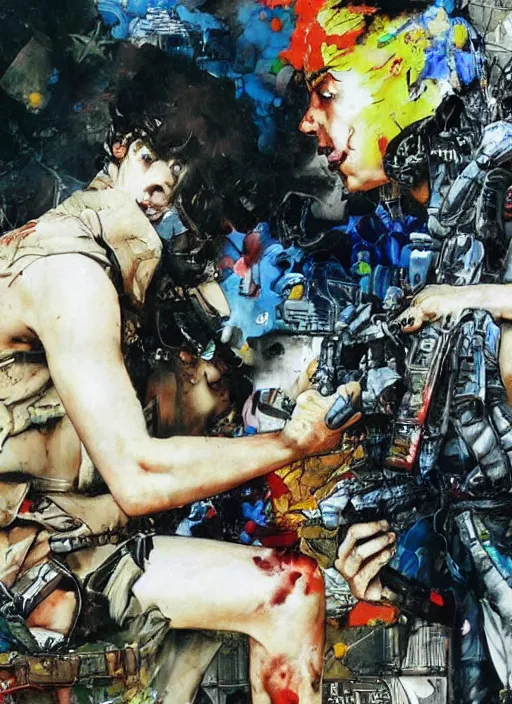 Image similar to unbelivable tension between two people, surreal, vivid colors, painting by Alexander Mandradjiev, part by Yoji Shinkawa, part by Norman Rockwell