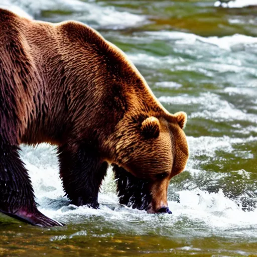 Prompt: a big fat brown bear hunting for salmon