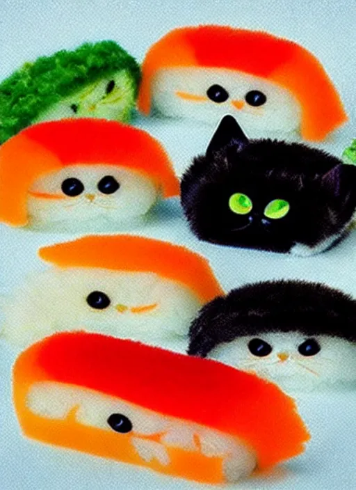 Image similar to clear photorealistic picture of adorable cats made out of sushi