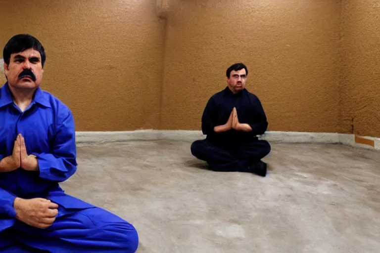 Image similar to el chapo is meditating in the middle of a prison cell. the prison cell is lined with posters of hot latina babes. meditation