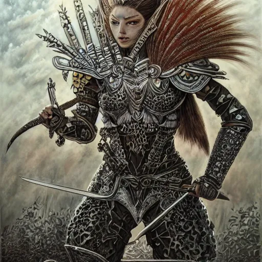 Image similar to a fierce and muscular warrior princess in full armor, fantasy character portrait in jacek yerka and aykut aydogdu leslie zhang style drawn by vania zouravliov and takato yamamoto,, intricate acrylic gouache painting, high detail, sharp high detail, artstation, manga and anime