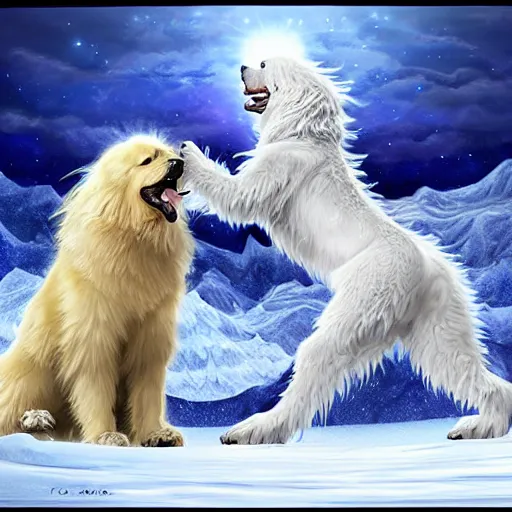 Prompt: fantasy art ultra detailed photo of a yeti and great pyrenees dog fighting a dragon in a blizard