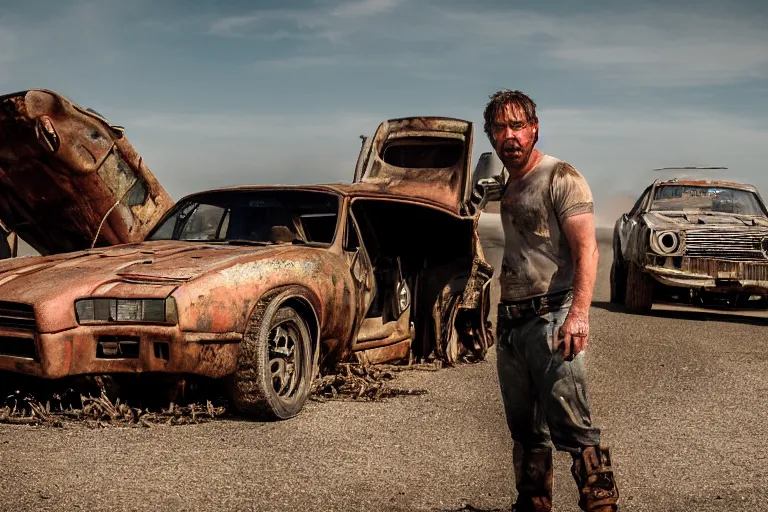 Image similar to Brian O'Connor in Mad Max Road Warrior, driving a (rusted), Nissan ((R34 GTR)), movie still, cinematic Eastman 5384 film, XF IQ4, 150MP, 50mm, F1.4, ISO 200, 1/160s, natural light