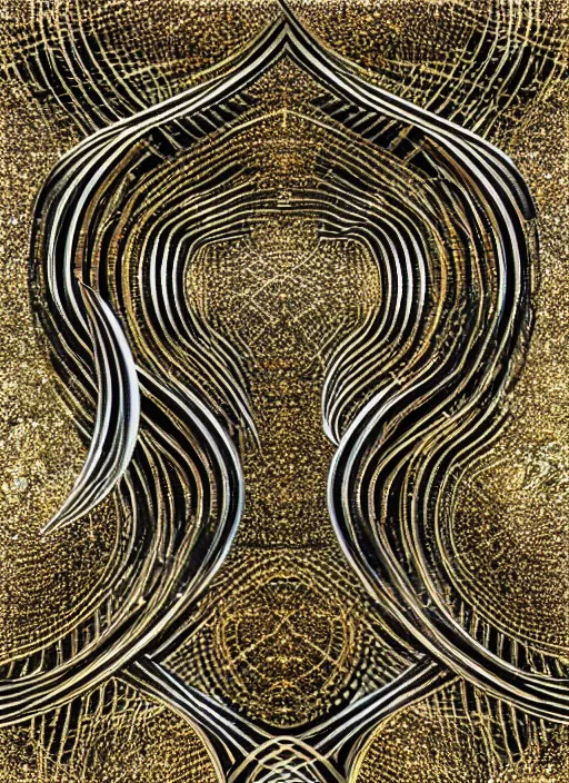 Image similar to symmetrical, shiny!!!! award - winning painting, abstract, gold and silver shapes, rectangles, geometry, elegant, luxurious, beautiful, pitch black background, dali