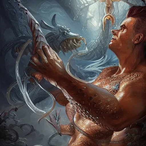 Prompt: combat naga merman, 5 e, d & d, fantasy, intricate, elegant, highly detailed, digital painting, artstation, concept art, smooth, sharp focus, illustration, art by artgerm and greg rutkowski