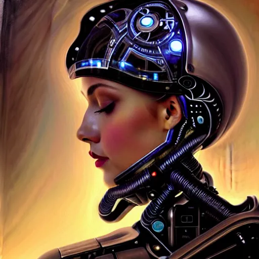 Image similar to portrait of the beautiful young robotic pilot of jets, surreal, fantasy, intricate, mechanical, elegant, dramatic lighting, emotionally evoking symbolic metaphor, highly detailed, gears, lifelike, photorealistic, digital painting, painterly, artstation, concept art, smooth, head in focus, sharp focus, background aerial battle, illustration, art by John Collier and Krenz Cushart and Artem Demura and Alphonse Mucha and Albert Aublet,