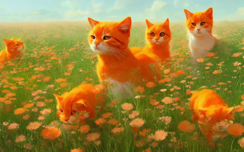 Image similar to cute orange cats in a field of flowers, digital illustration, by makoto shinkai and ruan jia