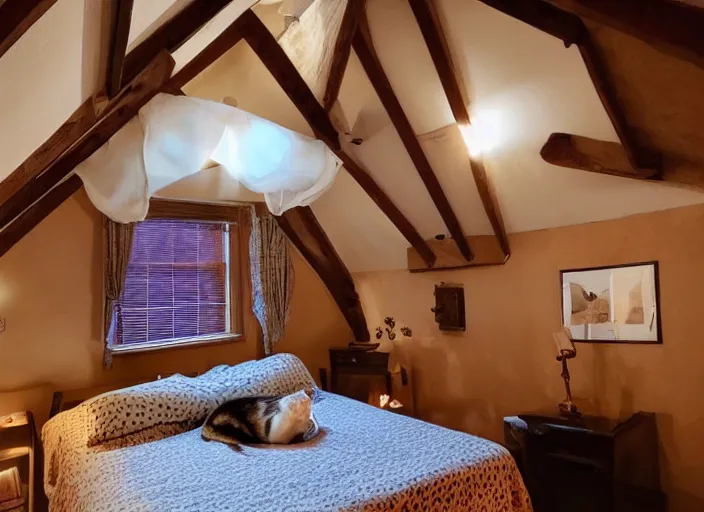 Prompt: cozy bedroom with vaulted ceilings, nighttime, warm lighting, books, cat on bed, tea