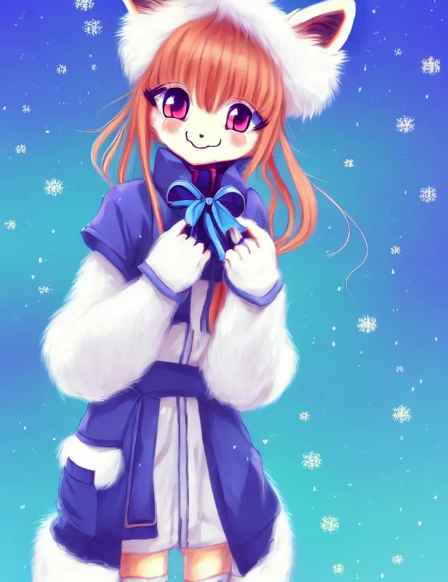 Prompt: a cute anthropomorphic rare type of fox girl anthro wearing indigo ribbons and a fluffy robe, winter park background, very anime!!! kawaii!! furry!! intricate details, aesthetically complementary colors, scenic background, art by rising artists with a radically new style. trending on artstation, top rated on pixiv and furaffinity