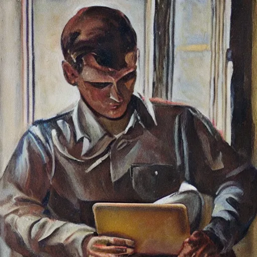 Image similar to 1 9 6 0's detailed intricate social realism painting of worker with laptop, heroic