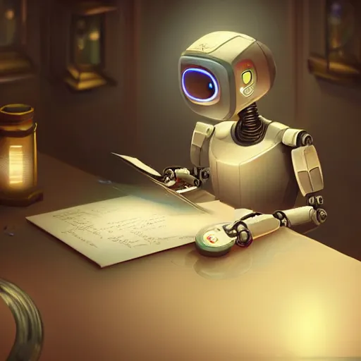 Image similar to a robot sat at a table writing a letter, intricate, cinematic lighting, highly detailed, digital painting, artstation, concept art, smooth, sharp focus, illustration