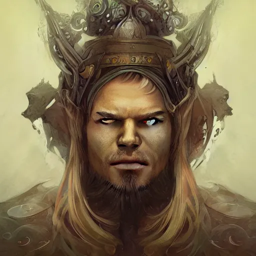 Image similar to Epic viking king, divine, symmetrical, , portrait, digital painting, Peter Mohrbacher, Alphonse Mucha, Brian Froud, Yoshitaka Amano, Kim Keever, Victo Ngai, James Jean