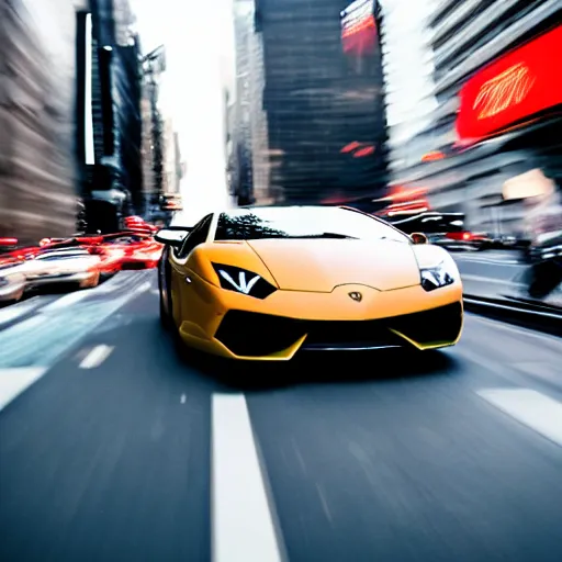 Image similar to a mushroom in a lamborghini speeding through nyc, cinematic, motion blur