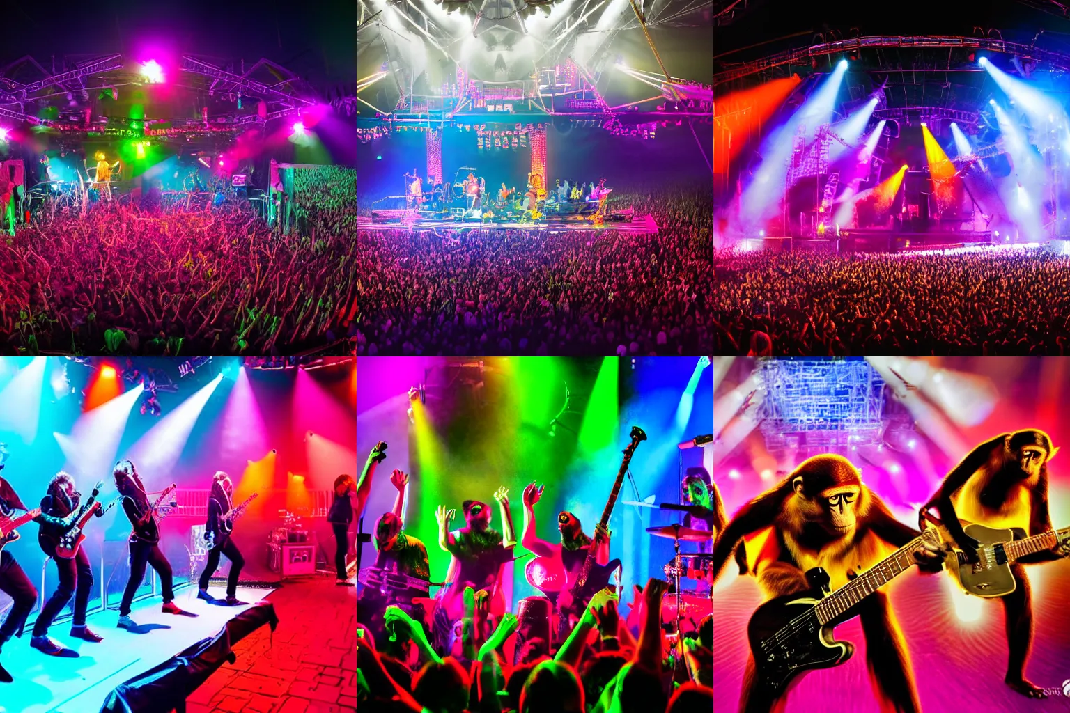 Prompt: a rock band of monkeys performing for a huge crowd. Sharp photo, 8k, neon lights