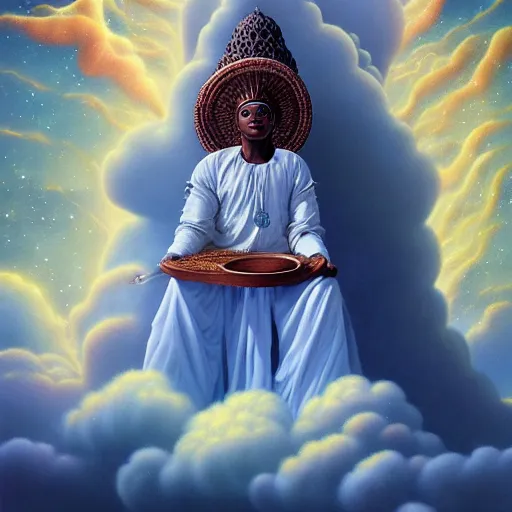 Prompt: obatala the cosmic god sitting on a throne of nebula clouds, by Afarin Sajedi and michael whelan, matte painting, orisha, 8k, hd